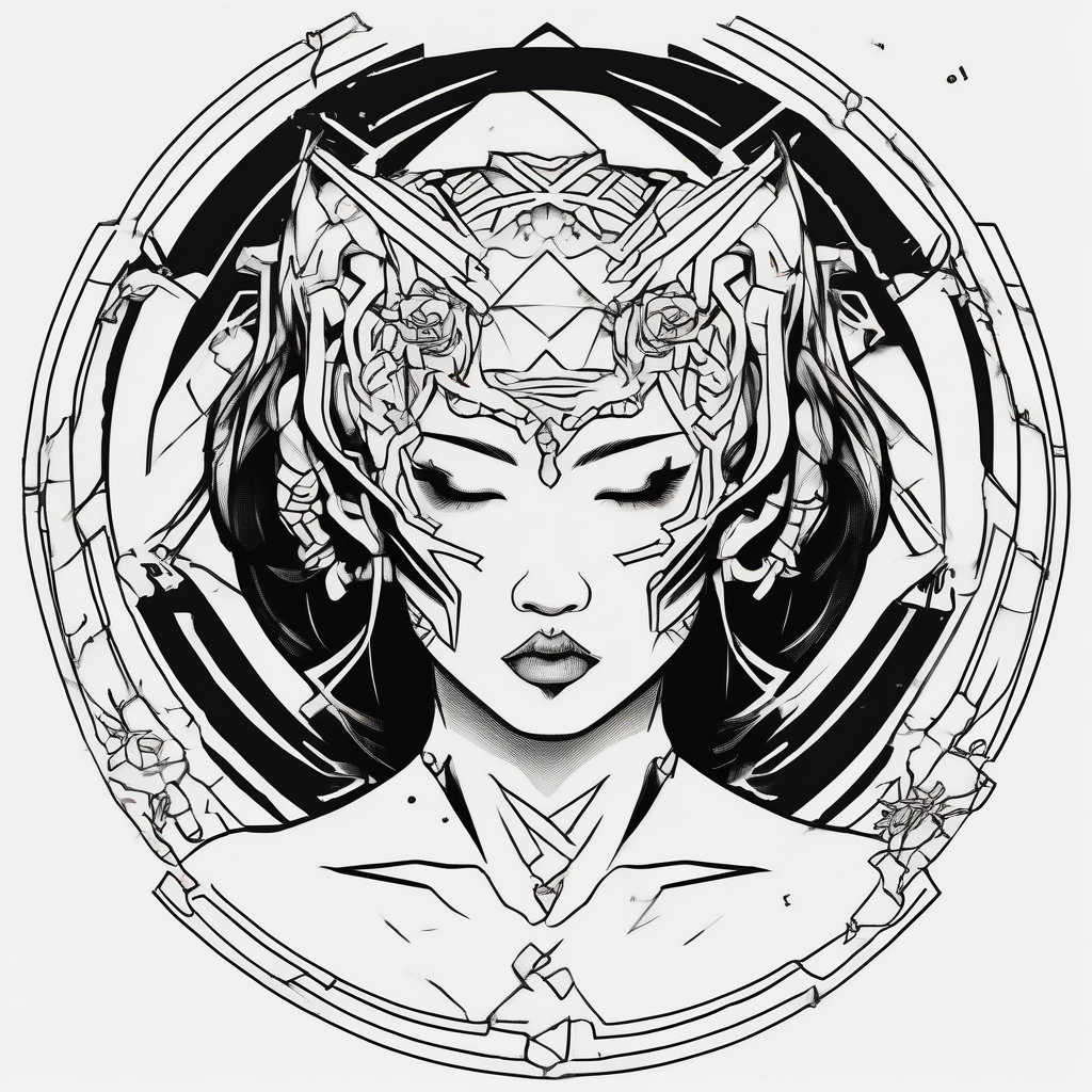 A minimalist tattoo that represents a shattered and betrayed gemini woman who fought hard throughout this year. With colors blue and black. Make it unique and rare. Without leaves and stem. half sleeve tattoos for men, diseño de tatuaje Japonés generado con IA